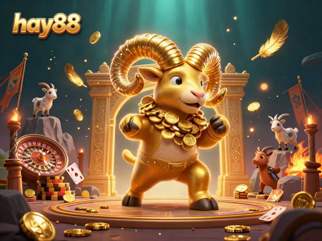 Experience the excitement of hay88 with a golden ram charging into action amidst a vibrant live casino setting.