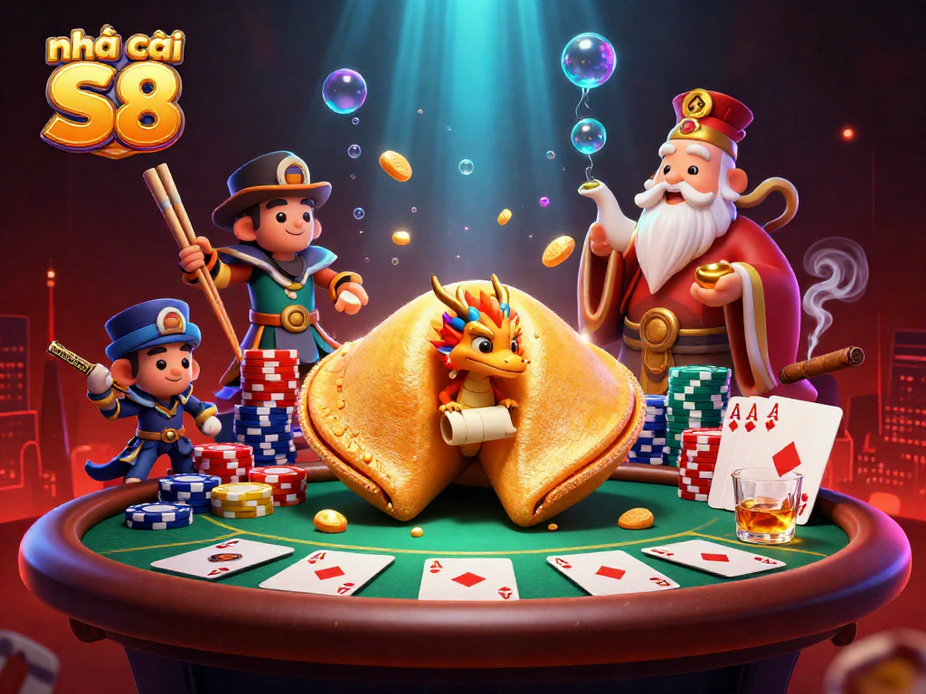 Engage with nhà cái S8's dynamic gambling scene featuring vibrant poker elements and characters.