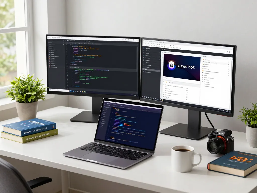 Developer coding in a modern workspace, showcasing clawd bot integration with various tech tools and resources.