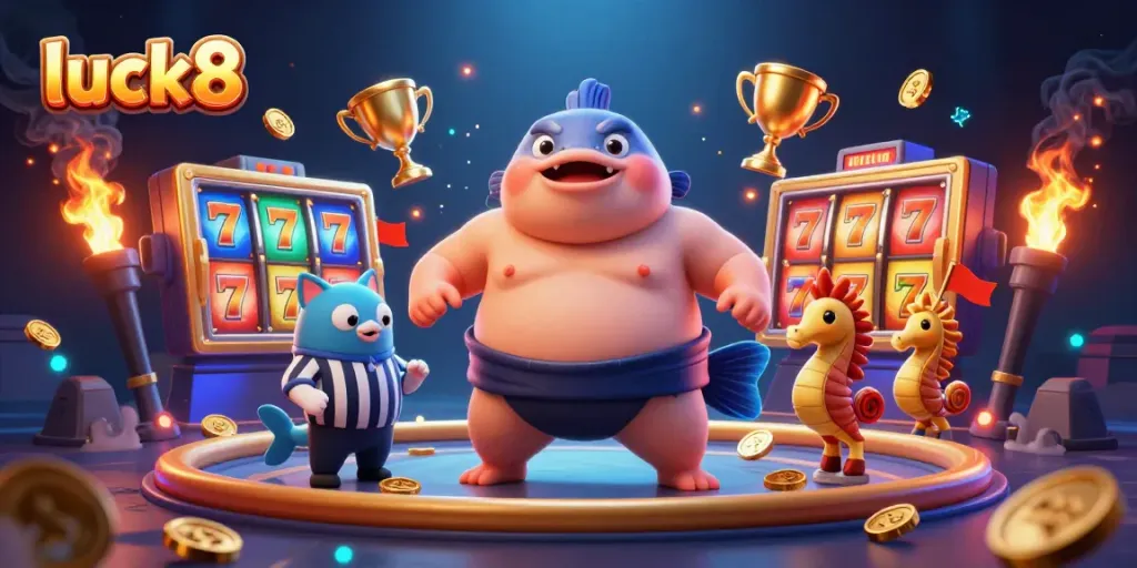 Experience the excitement of luck8 with dynamic 3D visuals of a cartoon fugu and exciting casino elements.