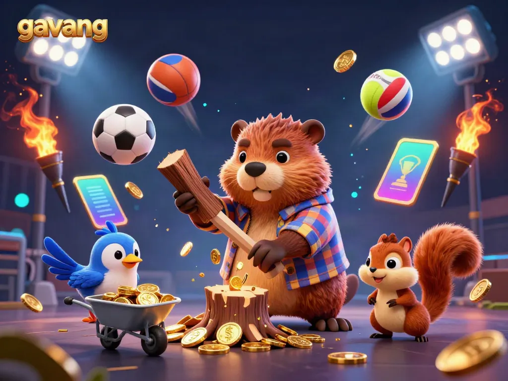 Experience gambling excitement with Gavang as a beaver, bird, and squirrel collect gold coins in a lively, animated scene.
