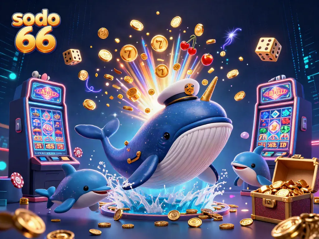 Engage with the thrilling world of Sodo 66 casino, featuring a whimsical whale and playful dolphins in a dynamic scene.