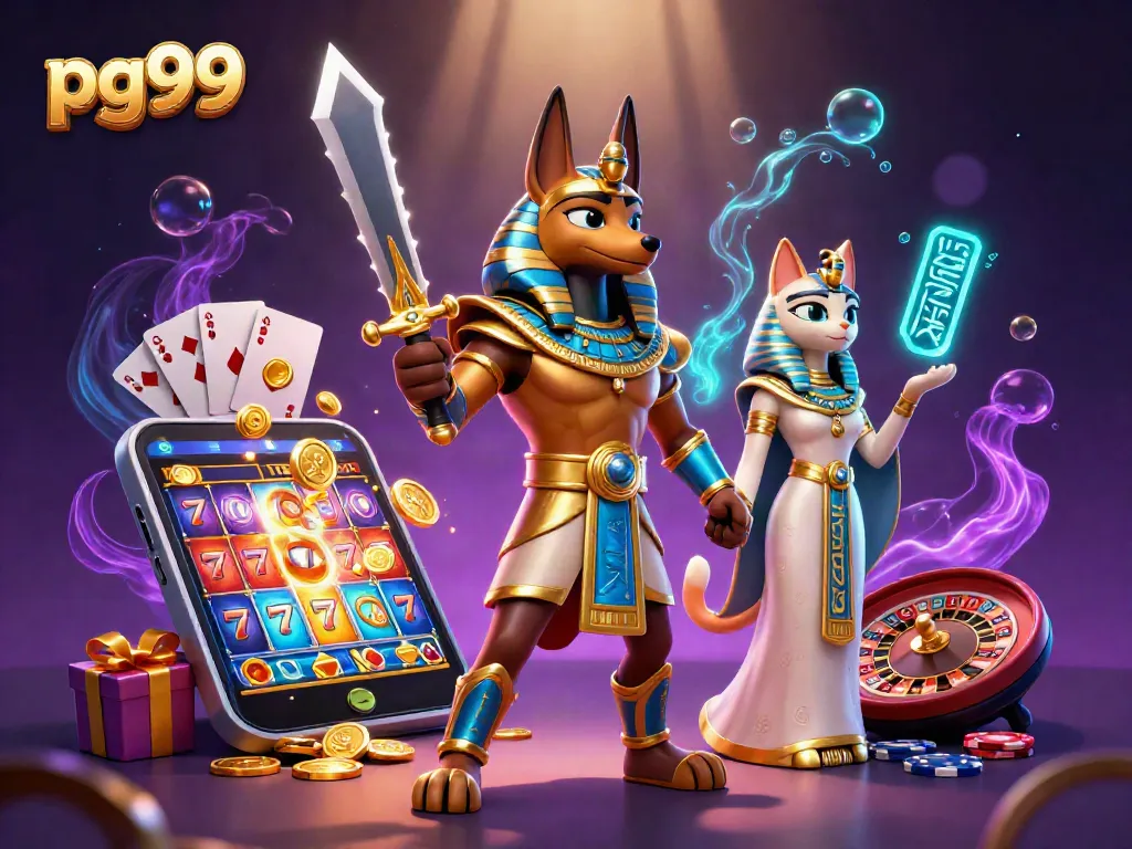 Spin thrilling slot games with pg99 featuring Anubis and golden coins flying.