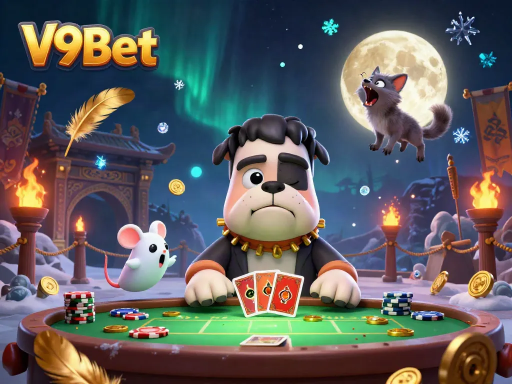 Experience the excitement with V9Bet as a 3D Frankenstein bulldog dealer interacts at a casino table.