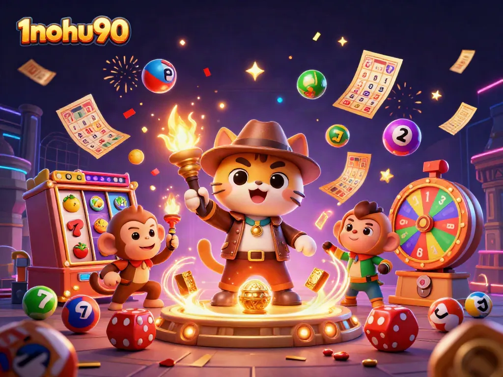 Experience thrilling wins with 1nohu90 in a vibrant casino adventure illustration featuring dynamic slot games.