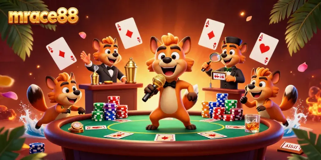 Hyenas entertain in a vibrant casino scene with mrace88 branding, showcasing poker action and lively decorations.