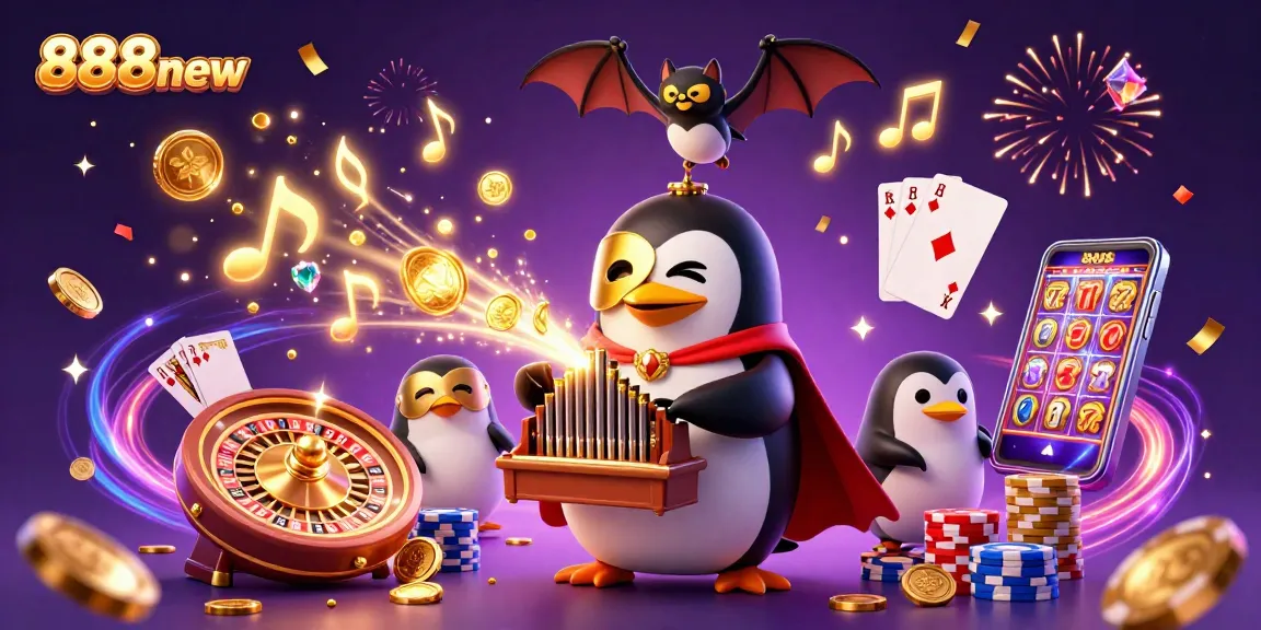 Play 888new's exciting casino games featuring a 3D phantom penguin and a spinning roulette wheel.