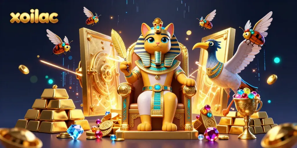 Experience vibrant games with xoilac featuring a 3D pharaoh cat amidst treasures and jewels.