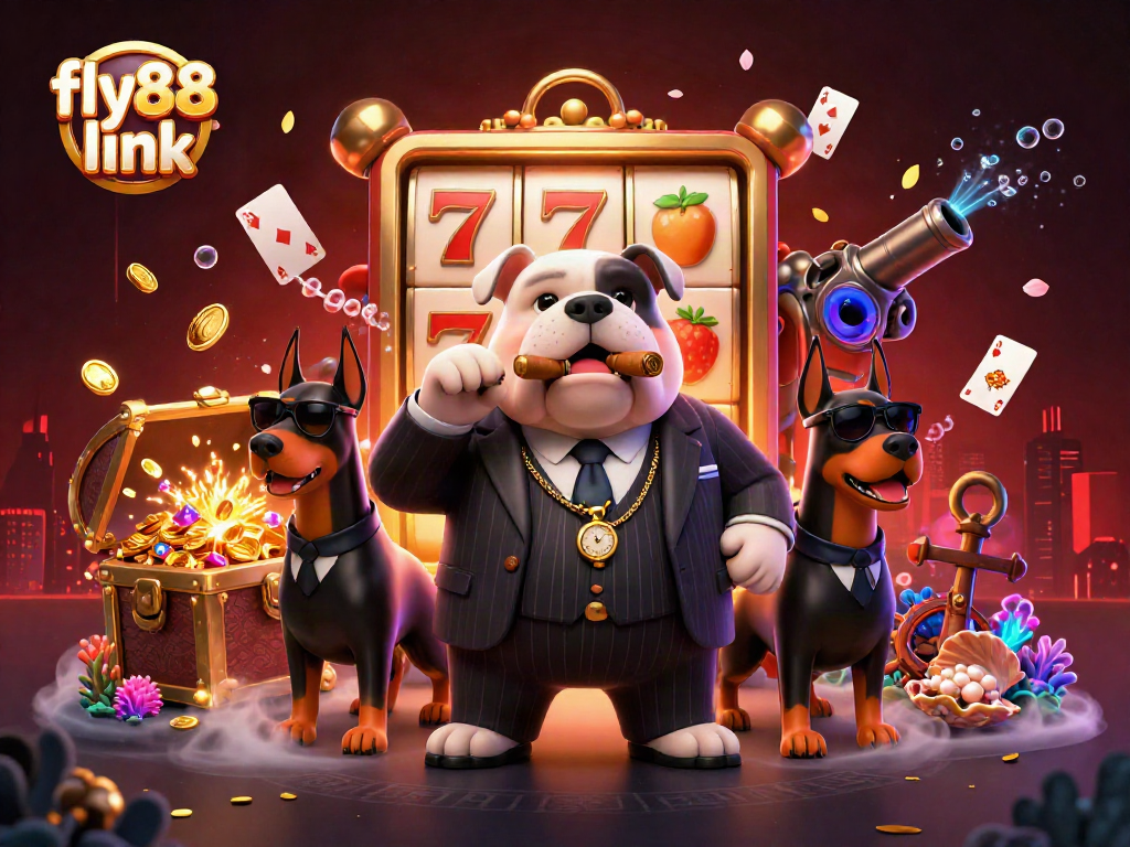 Engage with the exciting fly88 link slots scene featuring a mafia bulldog and poker elements.