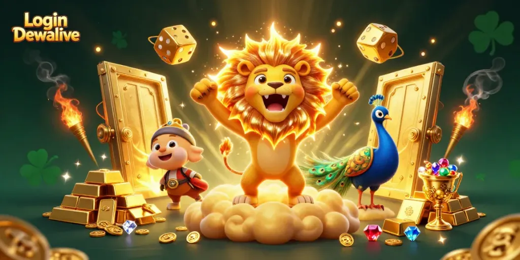 Engage with Login Dewalive in a vibrant casino-themed illustration featuring a roaring sun lion amidst gold treasures.