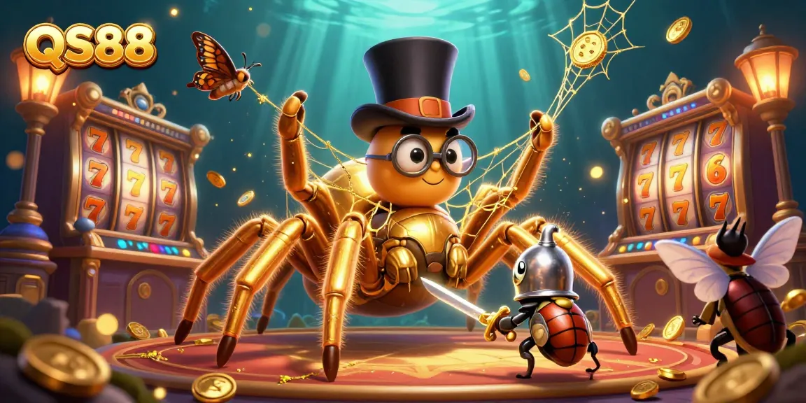 Engage with QS88's exciting slot games featuring a golden tarantula and beetle knight in a 3D casino scene.