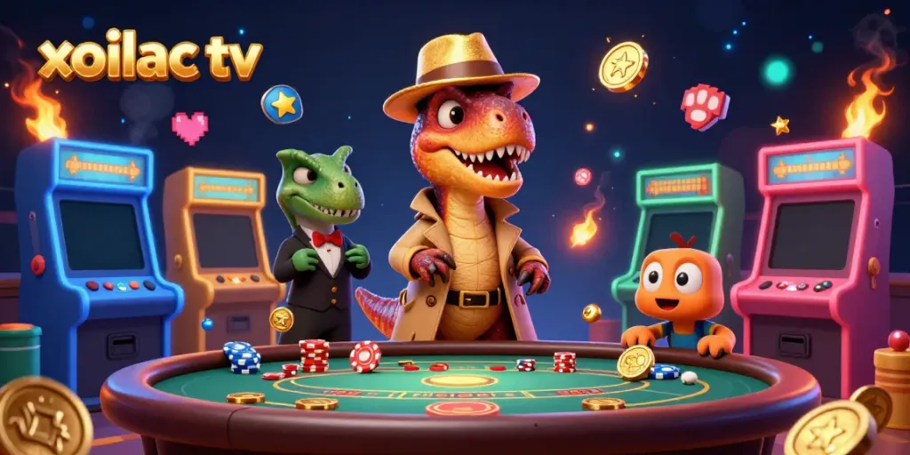 Join the action at xoilac tv with a velociraptor card counter amidst vibrant casino elements.