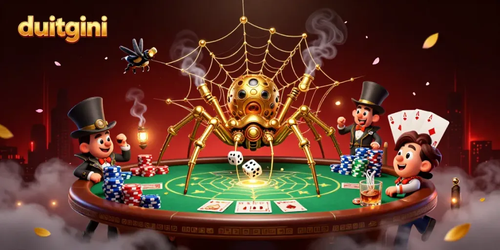 Engage in winning strategies with duitgini at a vibrant steampunk casino scene featuring dynamic characters and rich game elements.