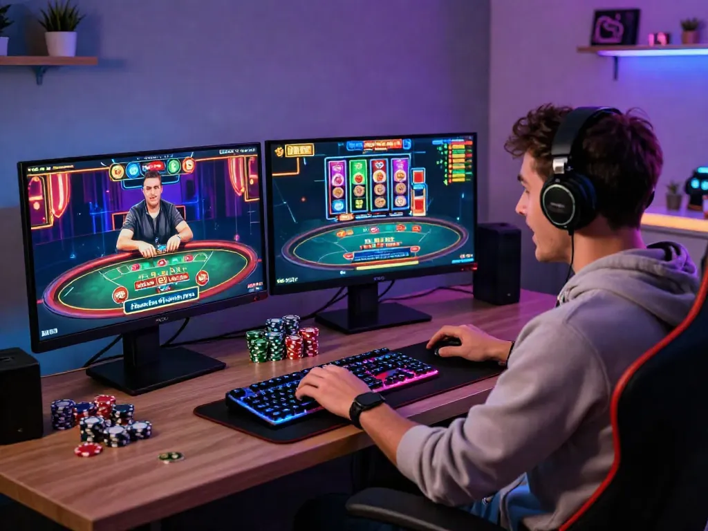 Player engaged in online gaming at C168, featuring colorful screens and a cozy setup.