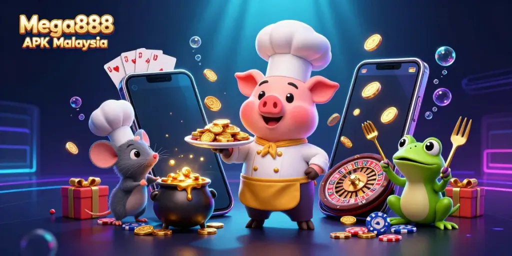Experience Mega888 APK Malaysia with vibrant casino characters and gold coins.