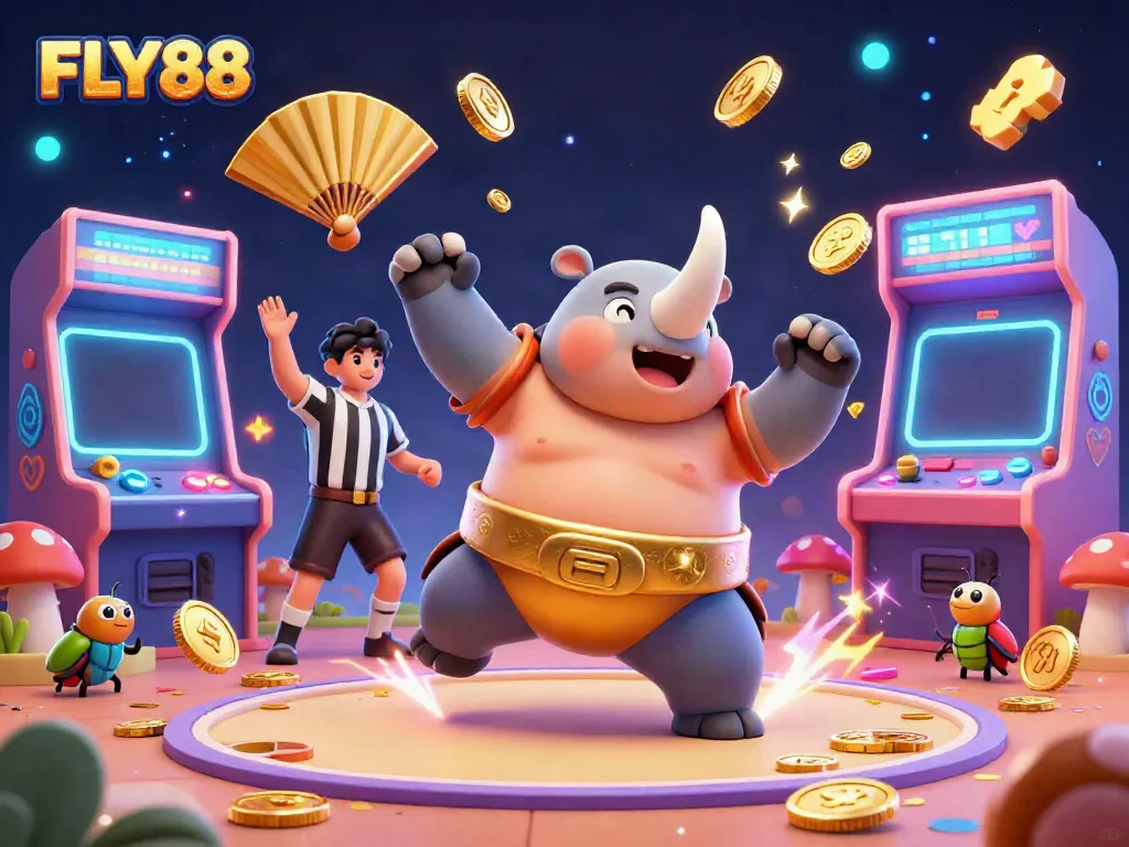 FLY88 showcases a colorful 3D gambling scene with a sumo beetle champion, dynamic game elements, and vibrant energy.