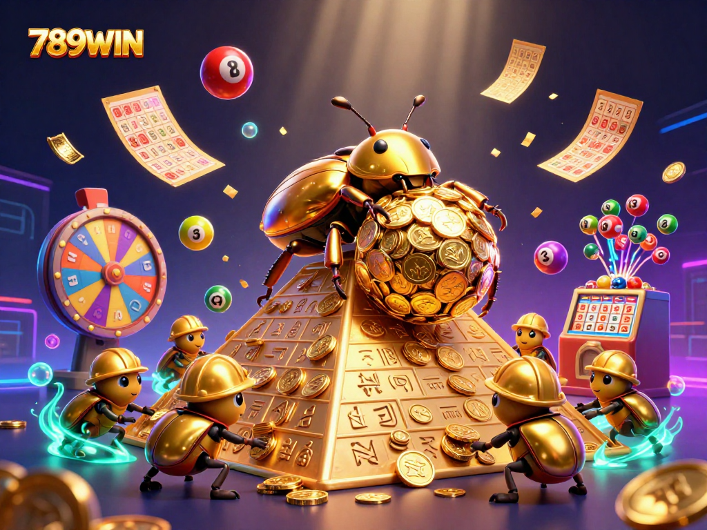 Experience excitement at 789WIN as the golden dung beetles roll coins in a vibrant casino dynamic.