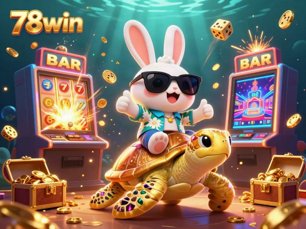 Exciting 3D scene of the lucky rabbit and golden turtle in a dynamic casino setting showcasing 78win.