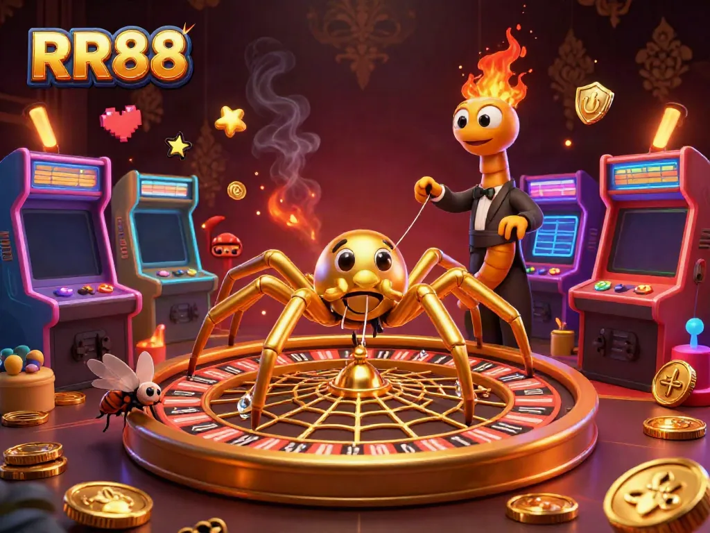 Bet on RR88 with a golden spider and centipede croupier in a glamorous 3D casino scene.