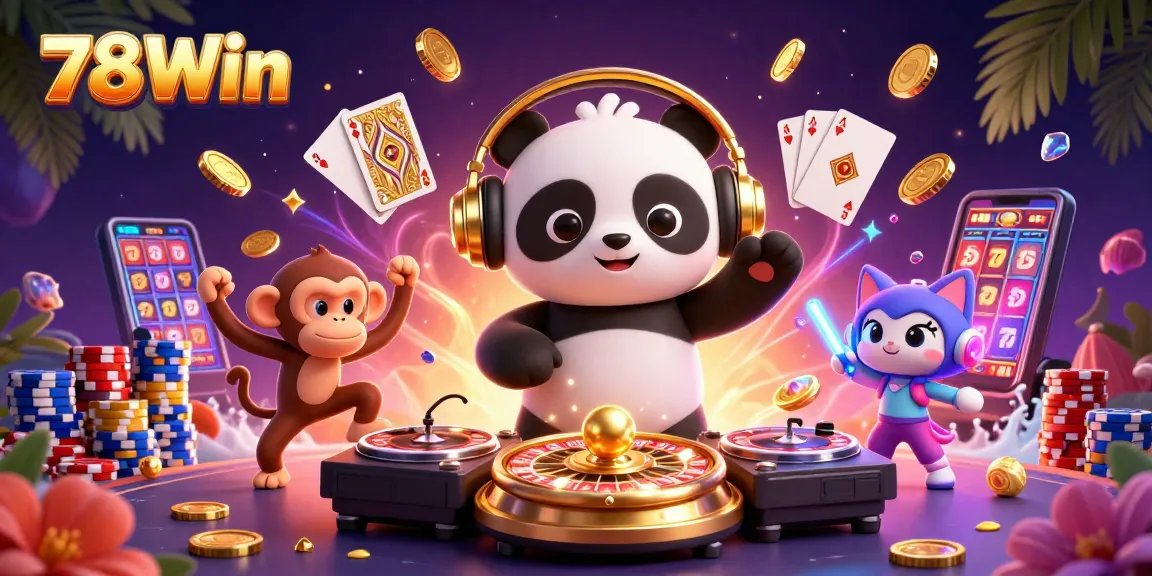 Spinning roulette wheels and dancing characters create a festive 78Win online casino atmosphere.