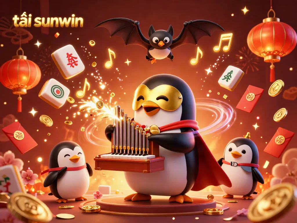 Experience the excitement as you tải sunwin, with a vibrant 3D scene featuring a casino penguin amidst golden coins and celebratory elements.