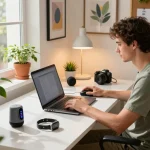 Person utilizing must have tech gadgets in modern home office setup
