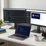 Developer coding in a modern workspace, showcasing clawd bot integration with various tech tools and resources.