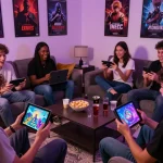 Engaged players ready to play porn games in a vibrant gaming lounge with interactive visuals.
