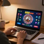 Engaging gameplay at 888new casino showing roulette wheel spinning on laptop screen.