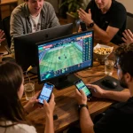 Engaged bettor using the ZOWIN app for live sports betting, surrounded by friends.