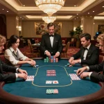 GG88 players engaging in an intense poker game at a high-stakes casino table with colorful chips.