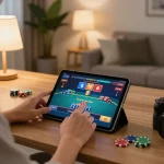 Engaging in exciting xx88 online poker gaming session on a tablet in a cozy home setting.