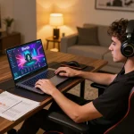 Engaging in llwin online gaming with a sleek laptop and strategic materials at hand, highlighting immersive gambling experience.