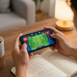 Engaging in live betting action on a smartphone while using link vào alo8 in a cozy home setting.
