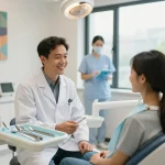 Dental clinic near me featuring a dentist and happy patient in a bright, welcoming office environment.