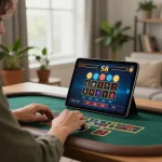 Player engrossed in live dealer blackjack on S8 com tablet, showcasing home gaming excitement.