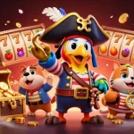 uu88 pirate casino scene with golden coins, slot reels, and adventurers capturing wins.