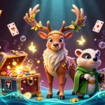 Experience thrilling wins with 888new in this vibrant 3D casino scene featuring a Celtic druid stag and lively game elements.