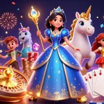 Play responsibly with Chơi có trách nhiệm in a vibrant, energetic casino scene featuring a glamorous woman and unicorn amid sparkling gems.