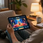 Engaging with SC88 Link online casino app in a cozy living room setting