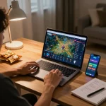 A player explores xoso66com via laptop at home, engaging in online casino gameplay surrounded by strategy notes.