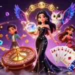 Engage in thrilling games at 789WIN, showcasing a mystical woman, owl, and casino elements.