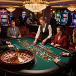 Players strategizing their bets in a thrilling Pragmati Play roulette scene on an elegant casino floor