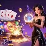 Alo8 promotional illustration of a captivating woman with a glowing crystal ball, surrounded by dynamic casino imagery