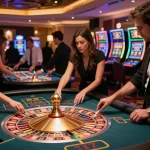 Players engaging at a vibrant roulette table in Nhà cái s8, featuring lively gameplay and luxurious ambiance.