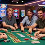 KK55 gaming table scene with excited friends playing slots and card games in a vibrant casino atmosphere.