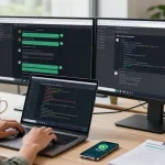 Developer efficiently using WhatsApp網頁版 on dual monitors in a modern workspace.