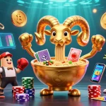 SUNWIN showcases a vibrant casino scene with a golden ramen bowl dealer, dynamic cards, and crypto elements