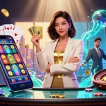 Score big with SC88: Watch as an elegant trader holds golden cards amidst vibrant casino games.