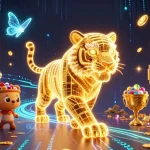 Experience thrill at rr88 with the neon tiger and treasure in a vibrant digital casino.